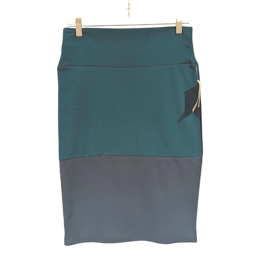 LuLaRoe Cassie Skirt Sz M Teal Navy Blue Color Block Pencil Stretchy Mod‎ Office